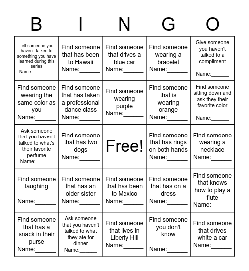 Getting to Know All About You Bingo Card
