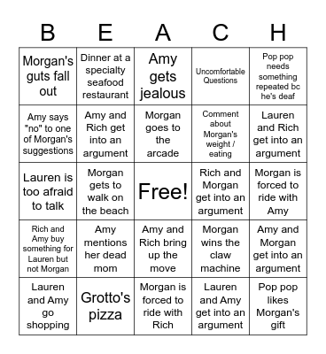 Beach trip Bingo Card