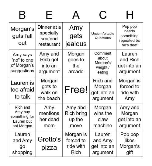 Beach trip Bingo Card