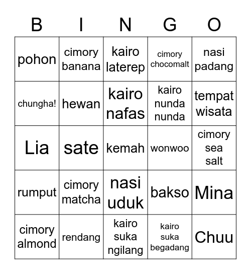 Lunch BINGO Card