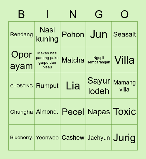 Lia Bingo Card