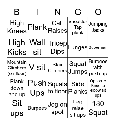 Fitness Bingo Card