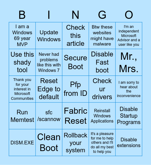 MIKROSOFT SUPPORT Bingo Card