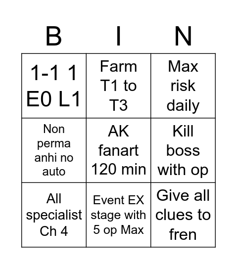 Purp AK bingo but sorted Bingo Card