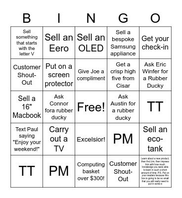 Sales Floor Bingo Card
