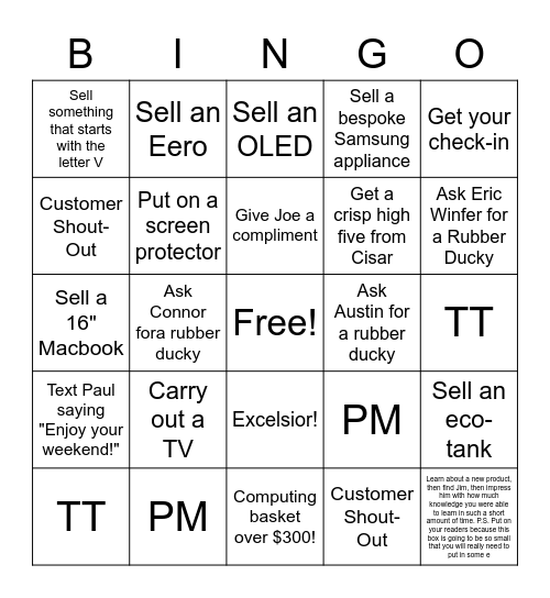 Sales Floor Bingo Card