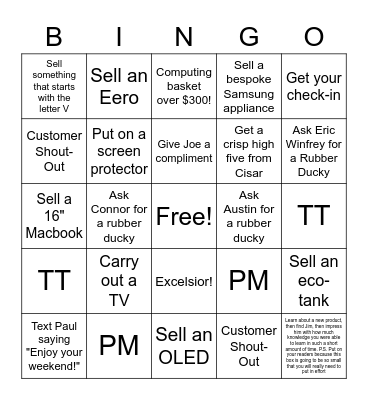 Sales Floor Bingo Card