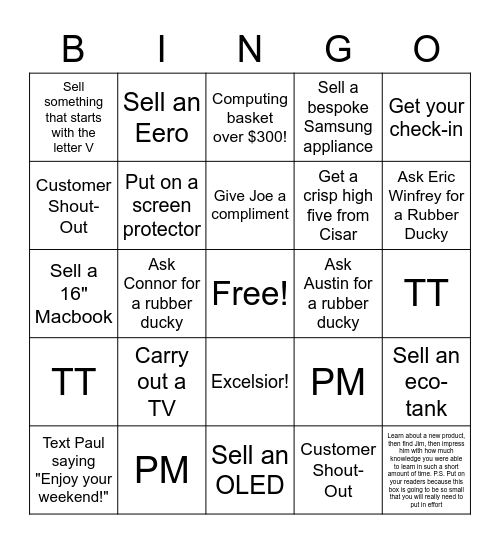 Sales Floor Bingo Card