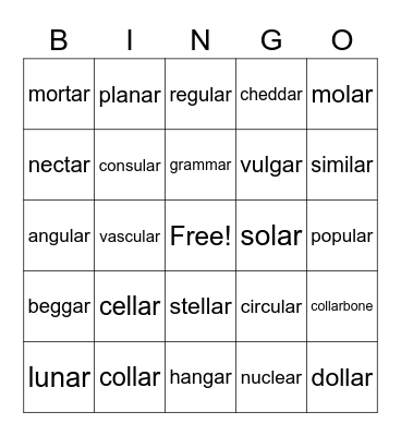 R-Controlled Vowels - ar /er/ Bingo Card
