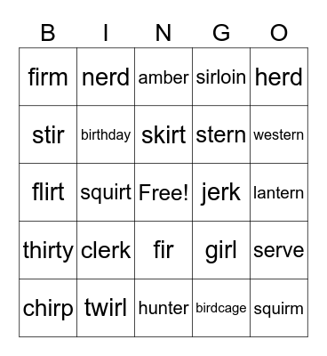 R-Controlled Vowels - er/ir Bingo Card