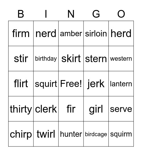 R-Controlled Vowels - er/ir Bingo Card