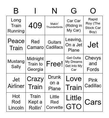 Planes, Trains, and Automobiles Bingo Card