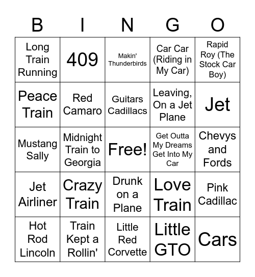 Planes, Trains, and Automobiles Bingo Card