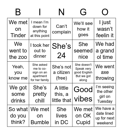 Date Night Bingo Card
