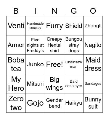 Anime convention Bingo Card