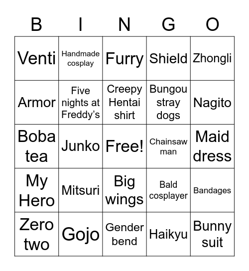 Anime convention Bingo Card