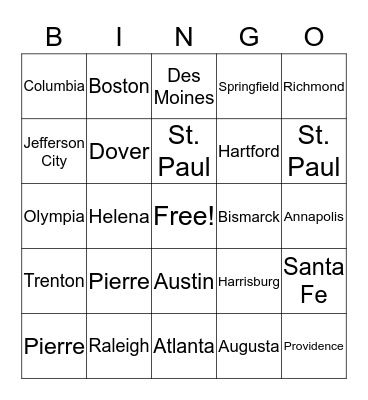 American Cities Bingo Card