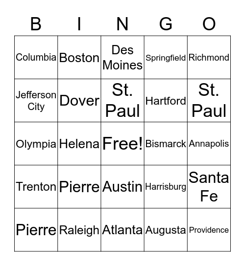 American Cities Bingo Card