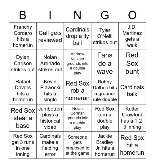Red Sox vs Cardinals Bingo Card