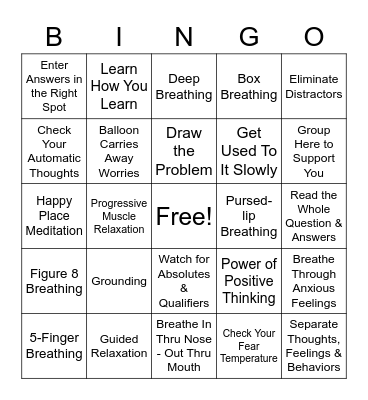 Test Anxiety Strategies Bingo Card