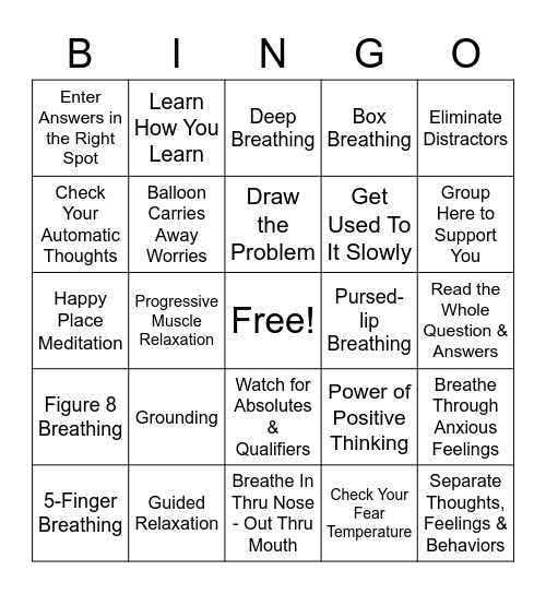 Test Anxiety Strategies Bingo Card