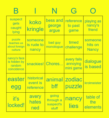 Avery's Nancy Drew Bingo Card