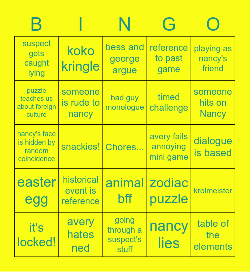 Avery's Nancy Drew Bingo Card