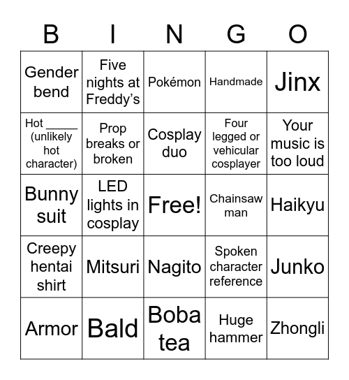 Anime Convention Bingo Card