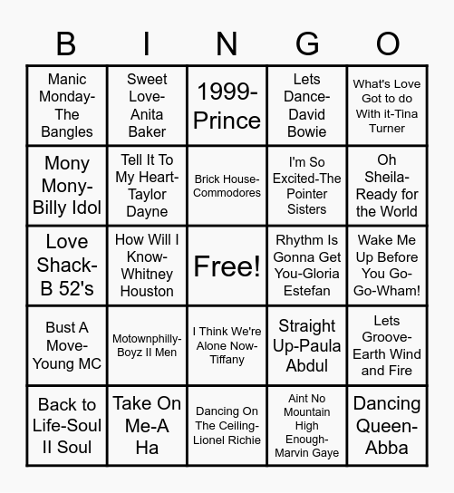 80's MUSIC BINGO Card