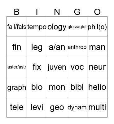 Weeks 1-5 Greek and Latin Roots Bingo Card