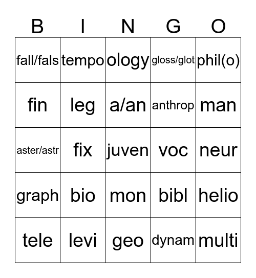 Weeks 1-5 Greek and Latin Roots Bingo Card