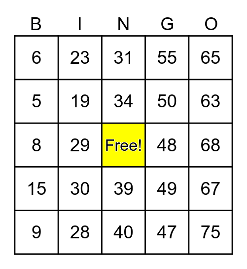 Number Bingo 1-75 Bingo Card