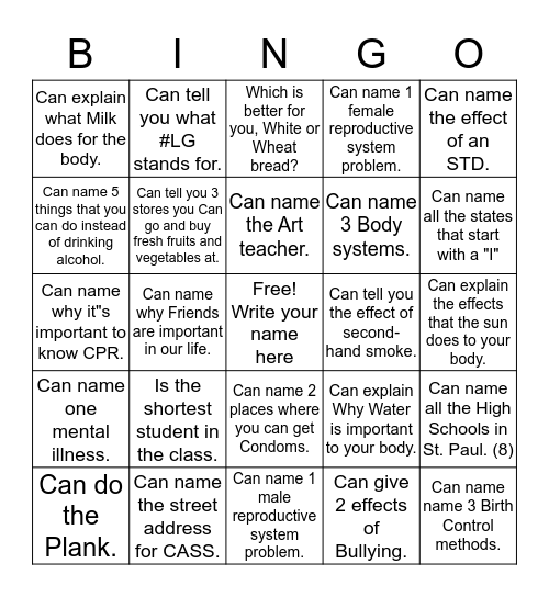 Health Bingo Card 2 Bingo Card