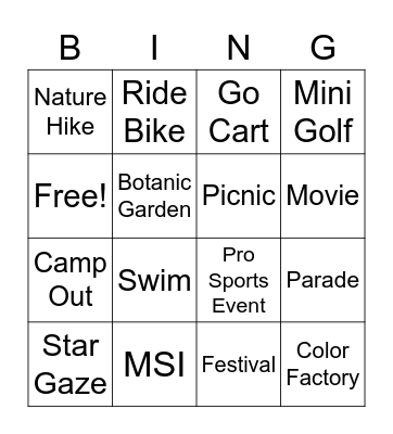 Summer 2022 Adventures Bingo Card