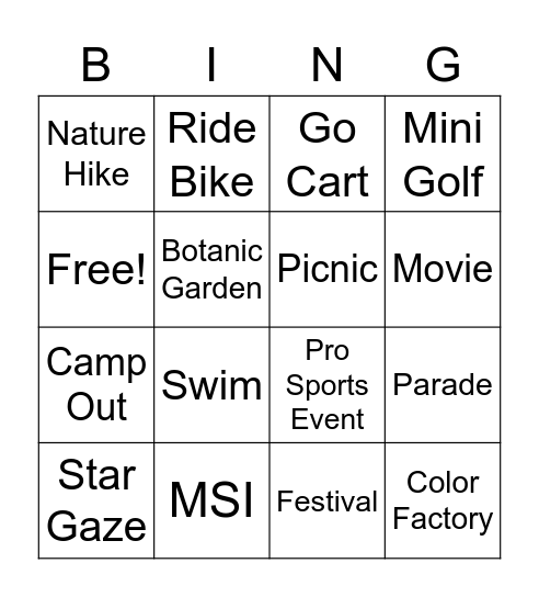 Summer 2022 Adventures Bingo Card