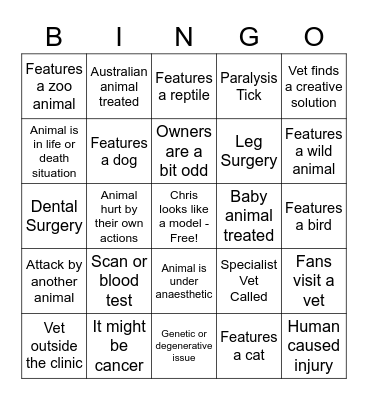 Bondi Vet Bingo Card