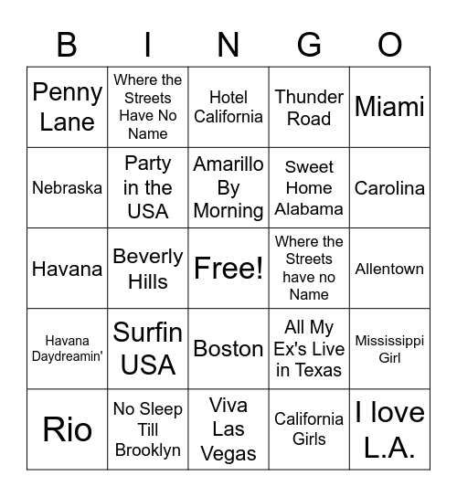 Places Bingo Card