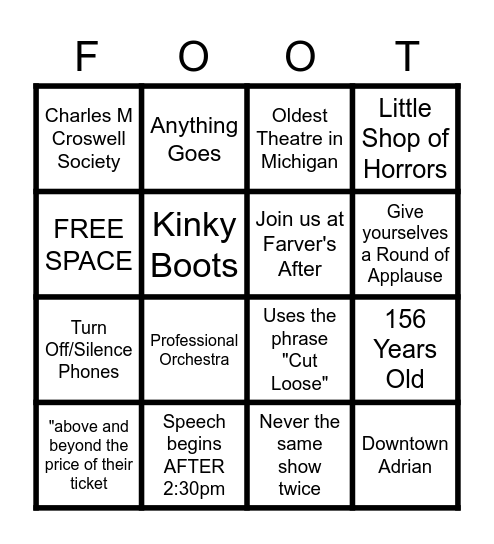 Curtain Speech Bingo Card