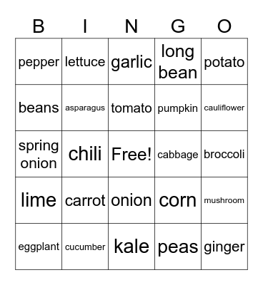 Vegetables Bingo Card