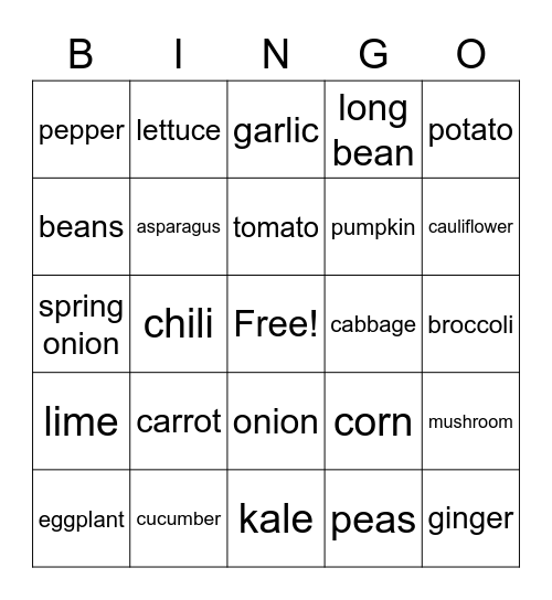 Vegetables Bingo Card