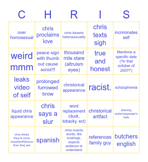 Chris-Chan Drinking Bingo Card