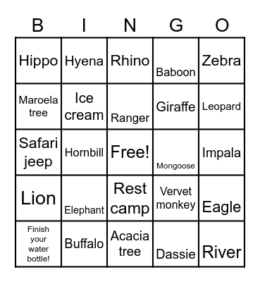 Kruger Park Bingo Card