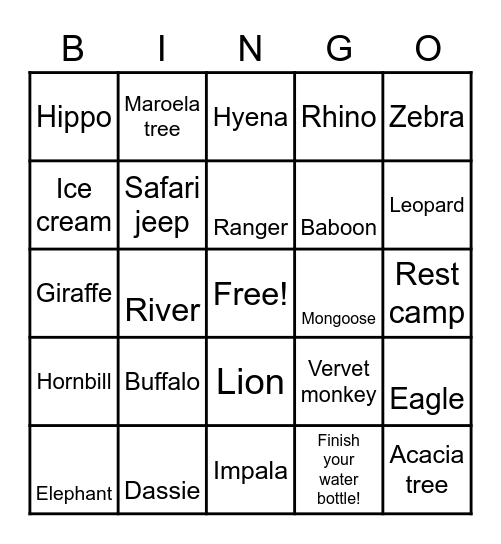 Kruger Park Bingo Card