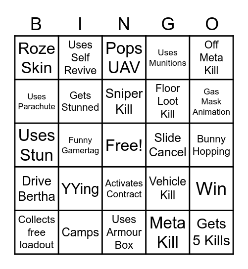 Solo Warzone Bingo Card