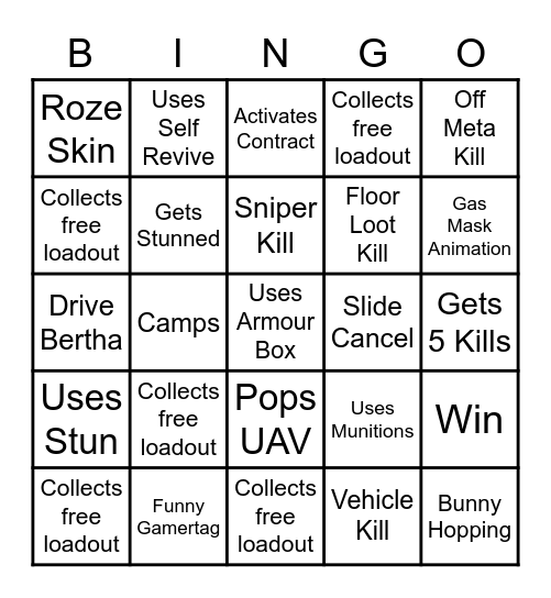 Solo Warzone Bingo Card