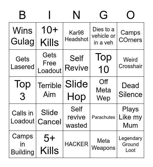 Warzone Solo Spectate Bingo Card