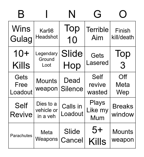 Warzone Solo Spectate Bingo Card