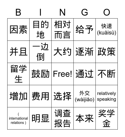 为什么越来越多的美国学生到中国留学 Bingo Card
