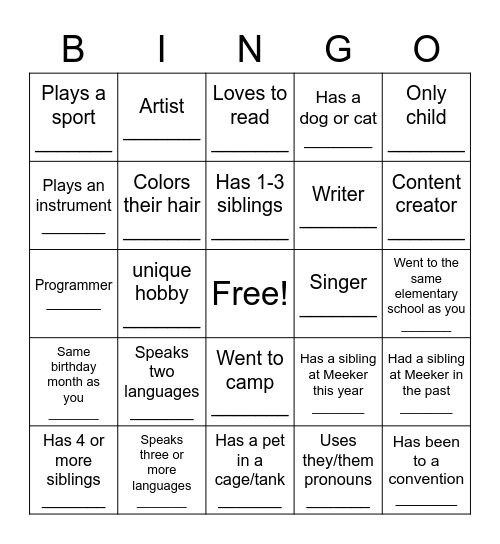 Get to know your Class Bingo Card