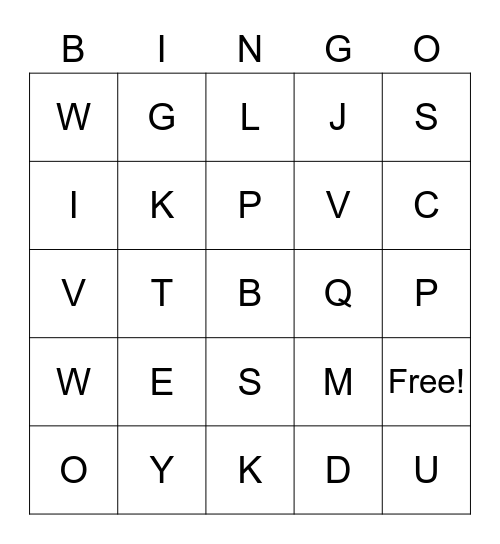 The English Alphabet Bingo Card